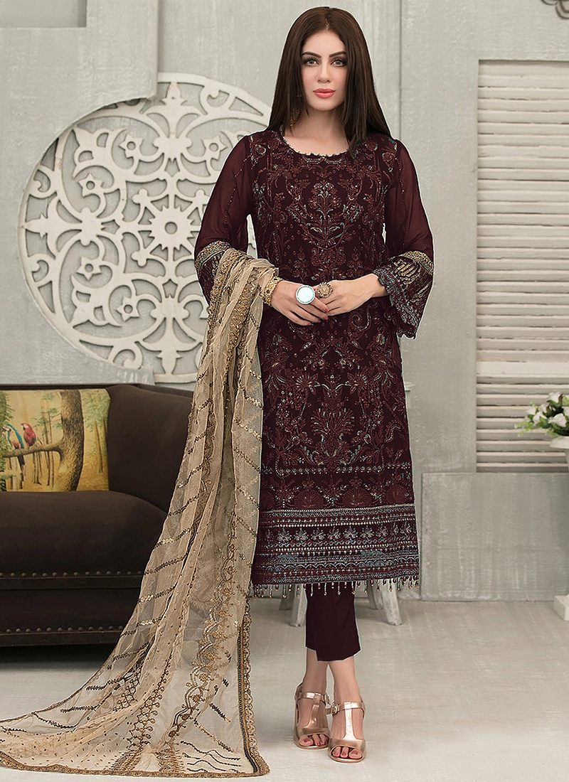 Buy Wedding Wear Brown Embroidery Work Georgette Pakistani Suit ...