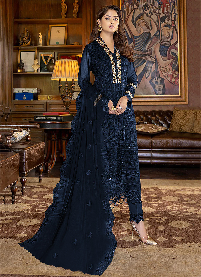 Georgette Embroidered Pakistani Suit in Navy Blue – Common Kiwi