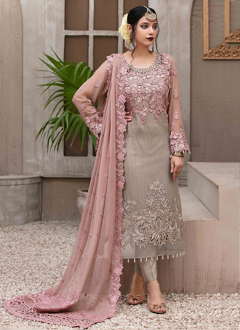Buy Wedding Wear Pink Embroidery Work Net Pakistani Suit Online ...