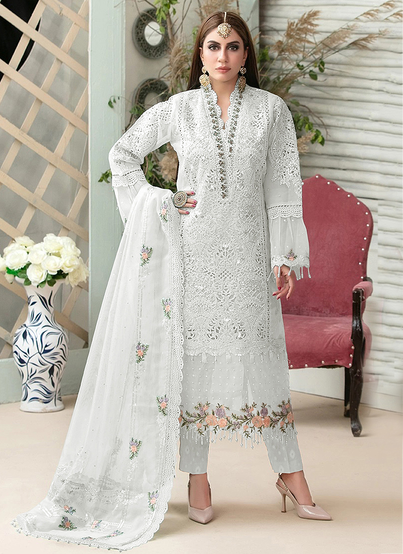 Buy Festival Wear White Embroidery Work Net Pakistani Suit Online ...