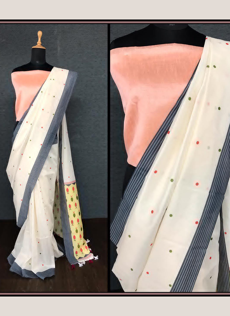 Casual Wear White Printed Work Chanderi Cotton Saree SP43 3