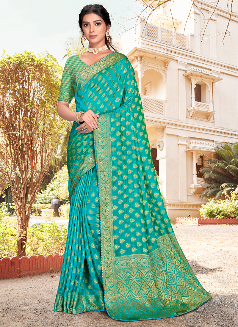 Buy Saree | Peacock Blue Embroidered Party Wear Silk Saree At Hatkay