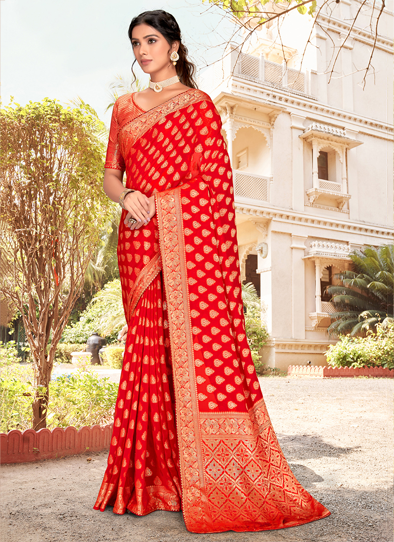 Buy Party Wear Red Sequins Work Georgette Saree Online From Surat Wholesale  Shop.