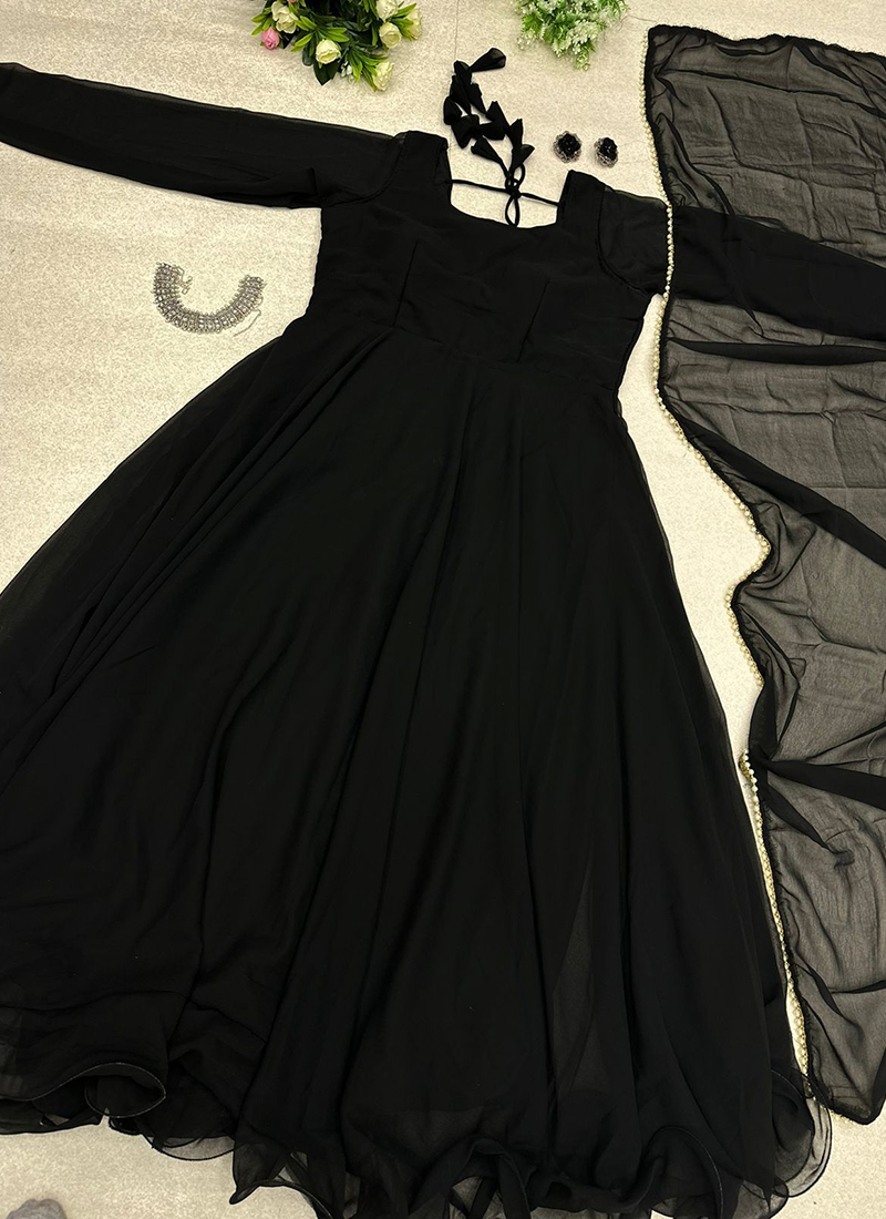 Buy Casual Wear Black Plain Work Georgette Gown With Dupatta ...
