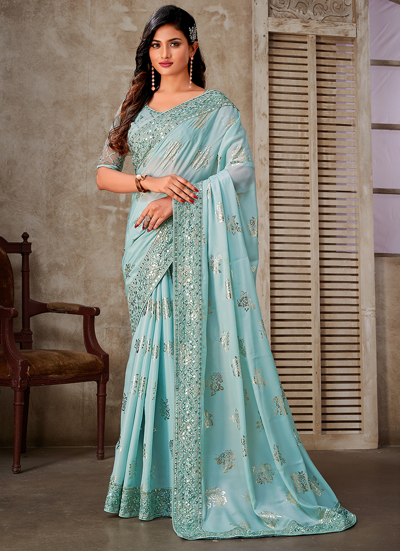 Sky Blue Art Silk Saree With Embroidered Blouse 2494SR19