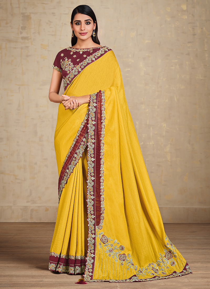 Buy Indian Saree | Yellow Sequence And Appliqué Embroidery Wedding Saree At  Hatkay