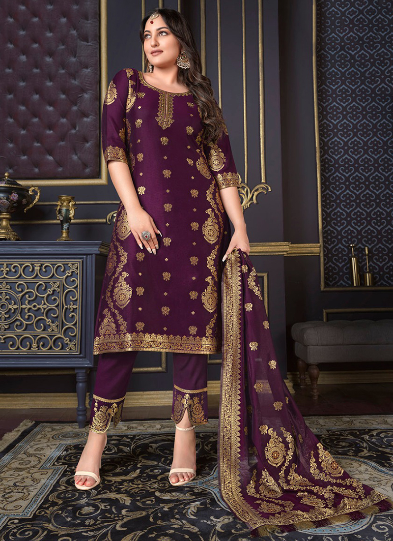 Woven Banarasi Silk Trendy Salwar Suit in Rani