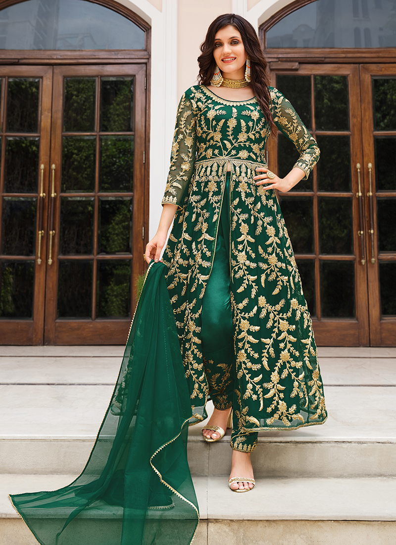 Buy Wedding Wear Green Sequins Work Net Anarkali Suit Online ...