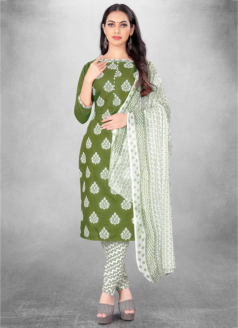 Green jaal print cotton suit with chiffon dupatta | Kiran's Boutique