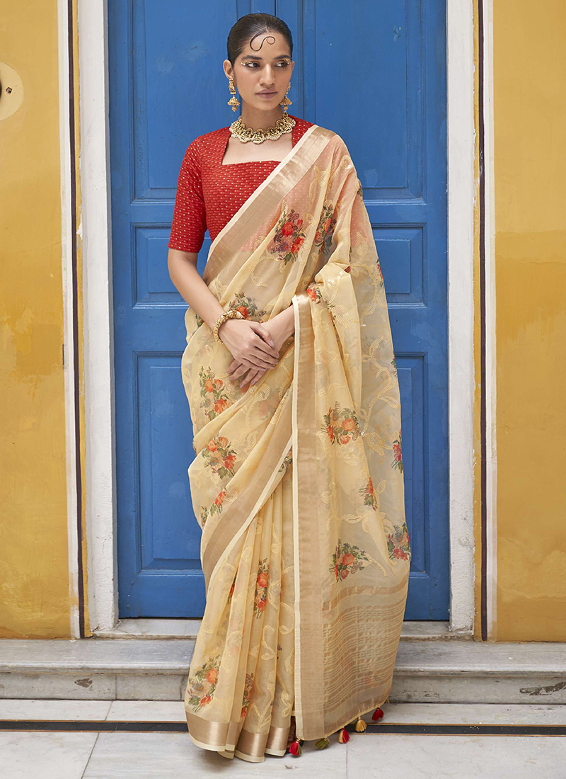 Buy Beige Pure Georgette V Neck Pre-draped Organza Saree For Women by Seema  Thukral Online at Aza Fashions.