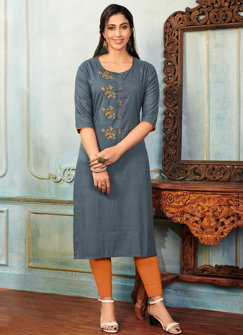 Beauteous Brown Jute Cotton Daily Wear Kurti with Block Print