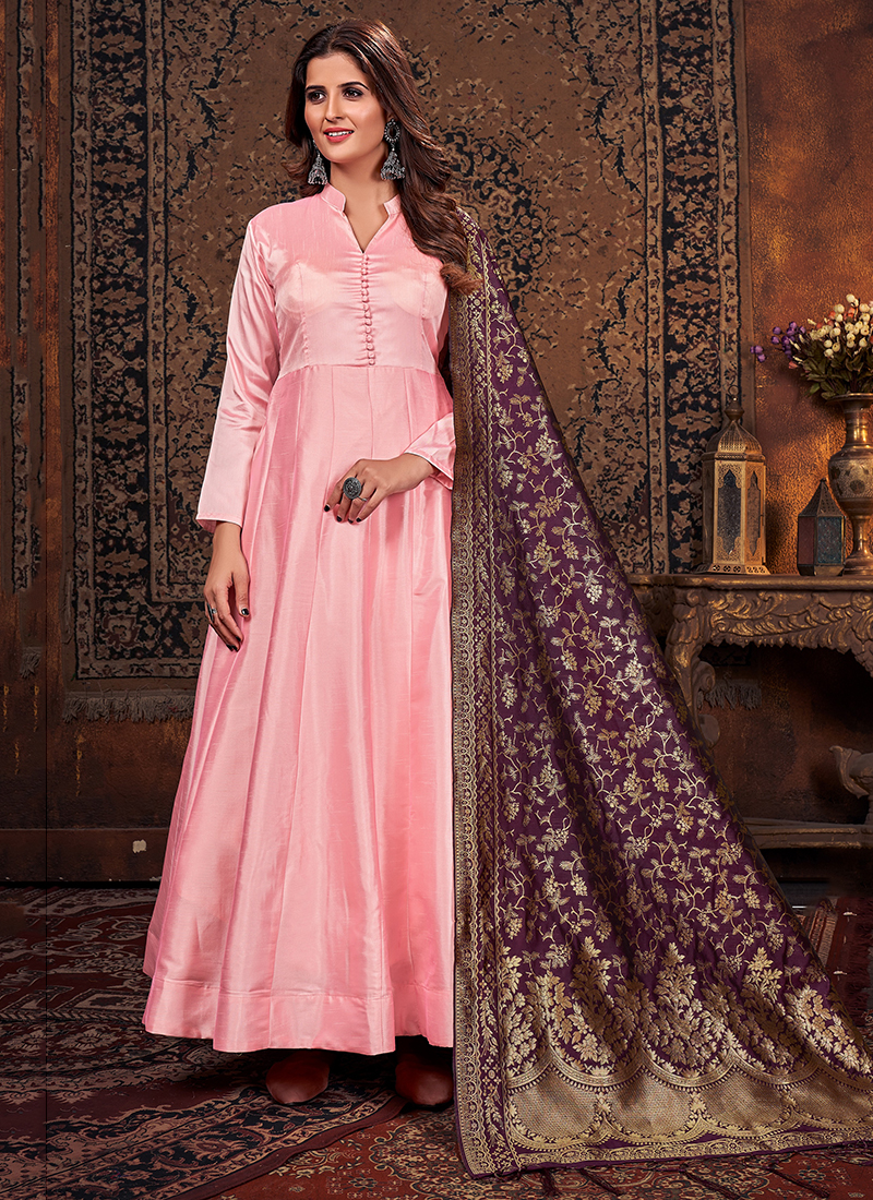 Buy Party Wear Pink Plain Work Art Silk Readymade Salwar Suit
