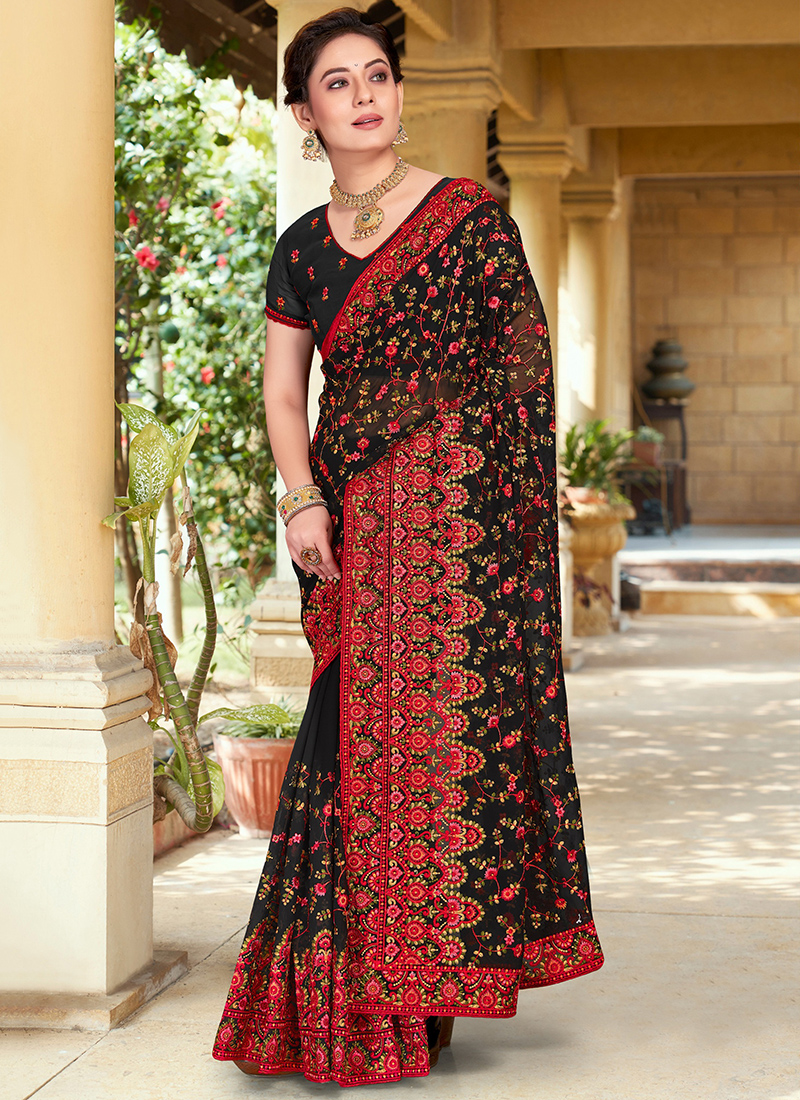 Sarees From the Valley Exquisite Black Tilla Work Kashmiri Embroidery Saree  - Etsy