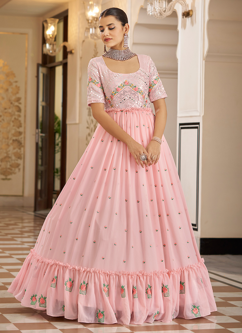 Pink Mirror, Stone, Sequins and Thread work with Digital Print Long Pa –  Seasons Chennai