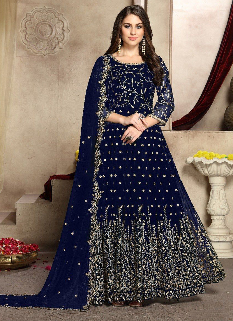 Royal Blue Solid Anarkali Pant Suit