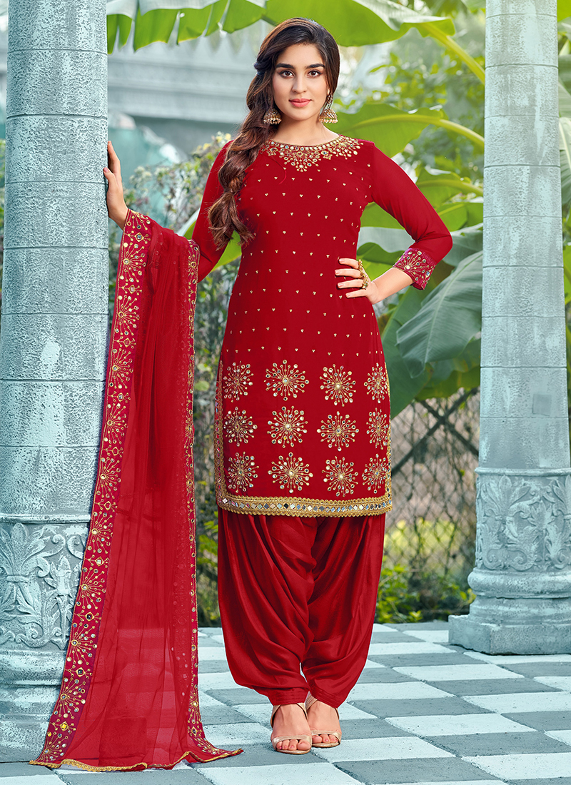 Buy Festival Wear Red Mirror Work Faux Georgette Patiyala Suit ...