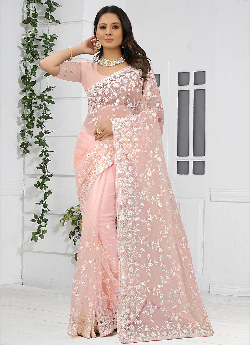 Peach Colour Flora Embroidery Work Saree