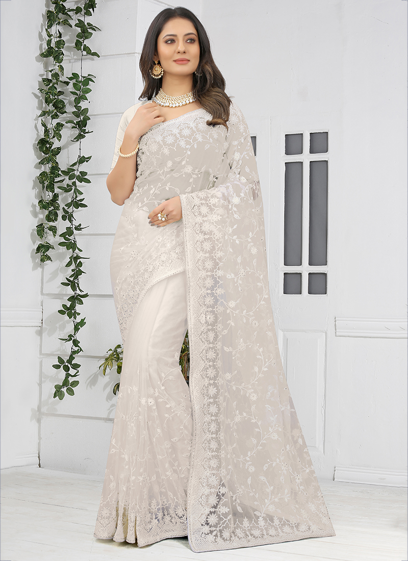CRAFTSTRIBE Net Wit Borduurwerk Sari | Navratri Special
