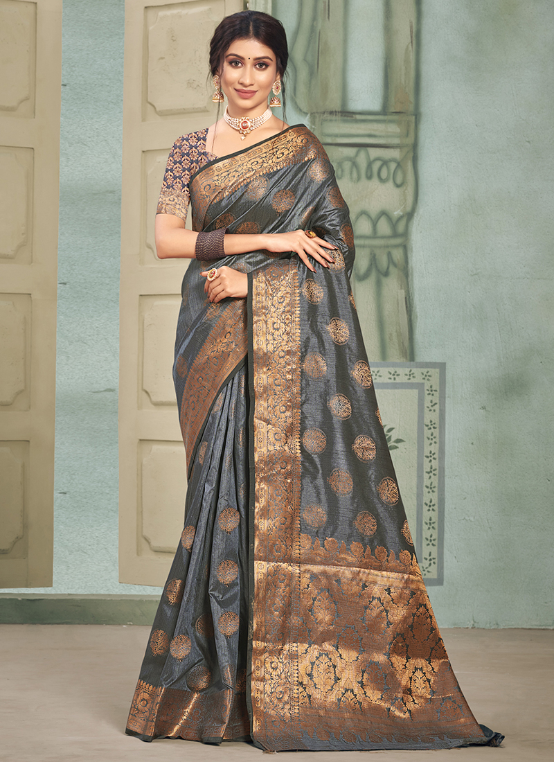 RE - Pleasing Multi color aura silk embroidered saree - Party Wear Sarees -  Sarees - Indian