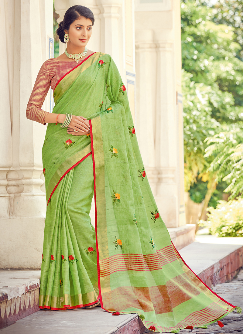 Buy Party Wear Light Green Weaving Work Linen Saree Online