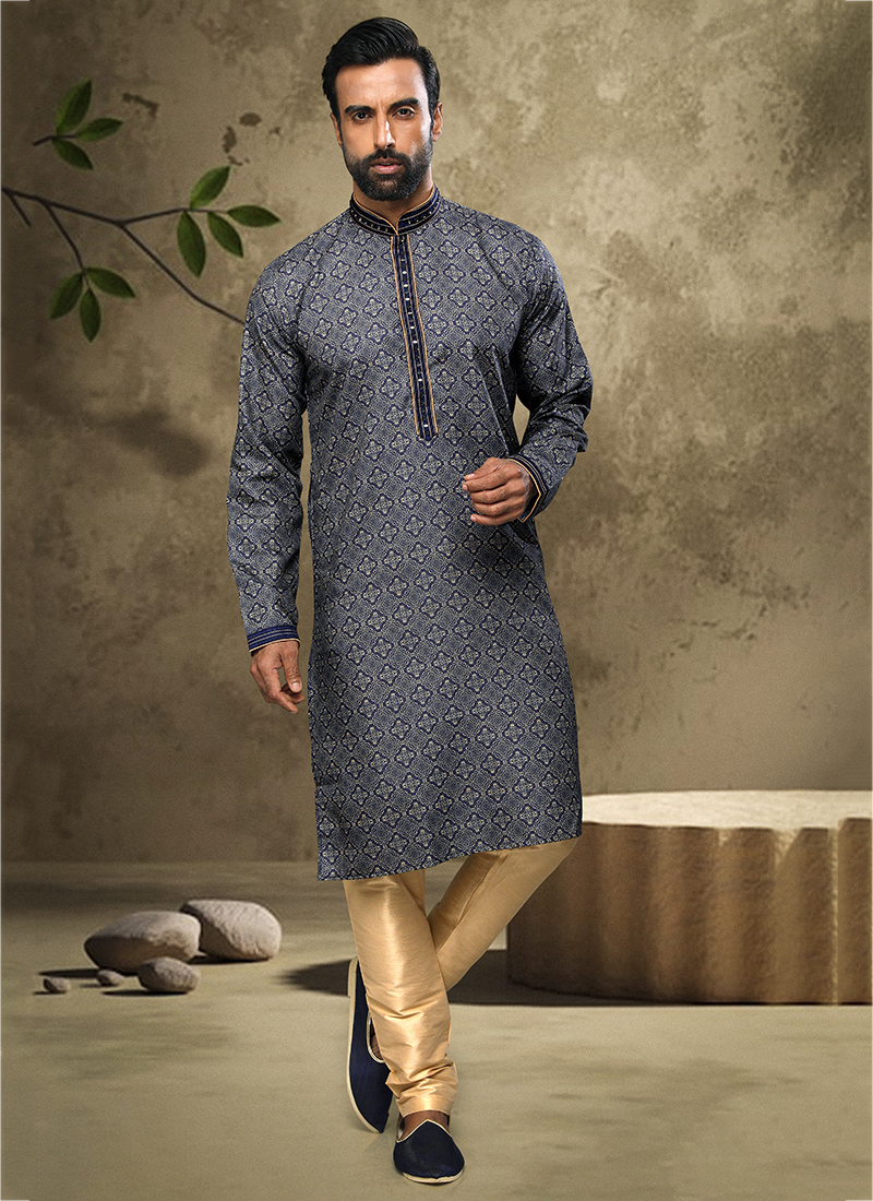 Royal Kurta Hriday Set Uomo Kurta E Churidar In Polysilk Blu Scuro E Marrone, Vestibilità Regular