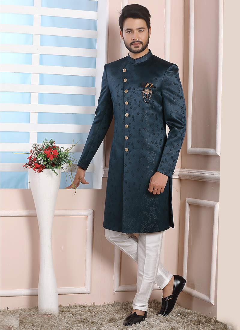 Buy Royal Blue Giccha Silk Indo Western for Men (NMK-2857) Online