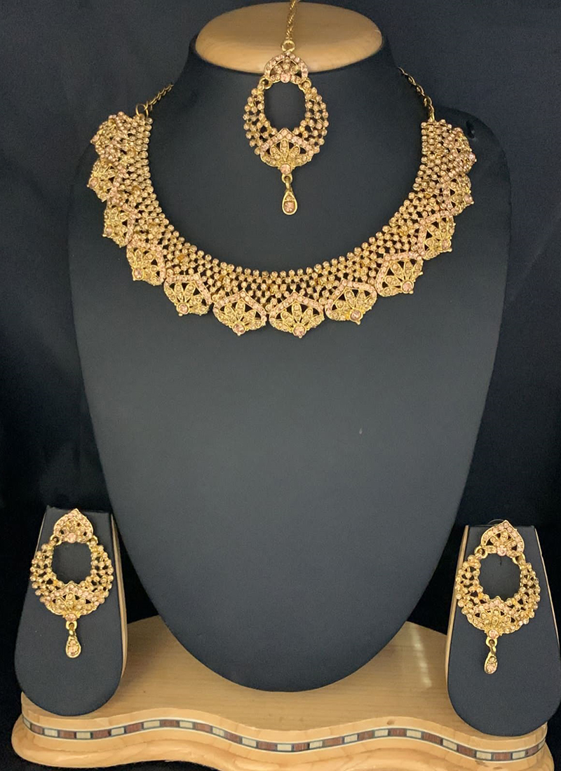 Buy New Peach And Golden Necklace Set In Stone Studed Online From Surat ...