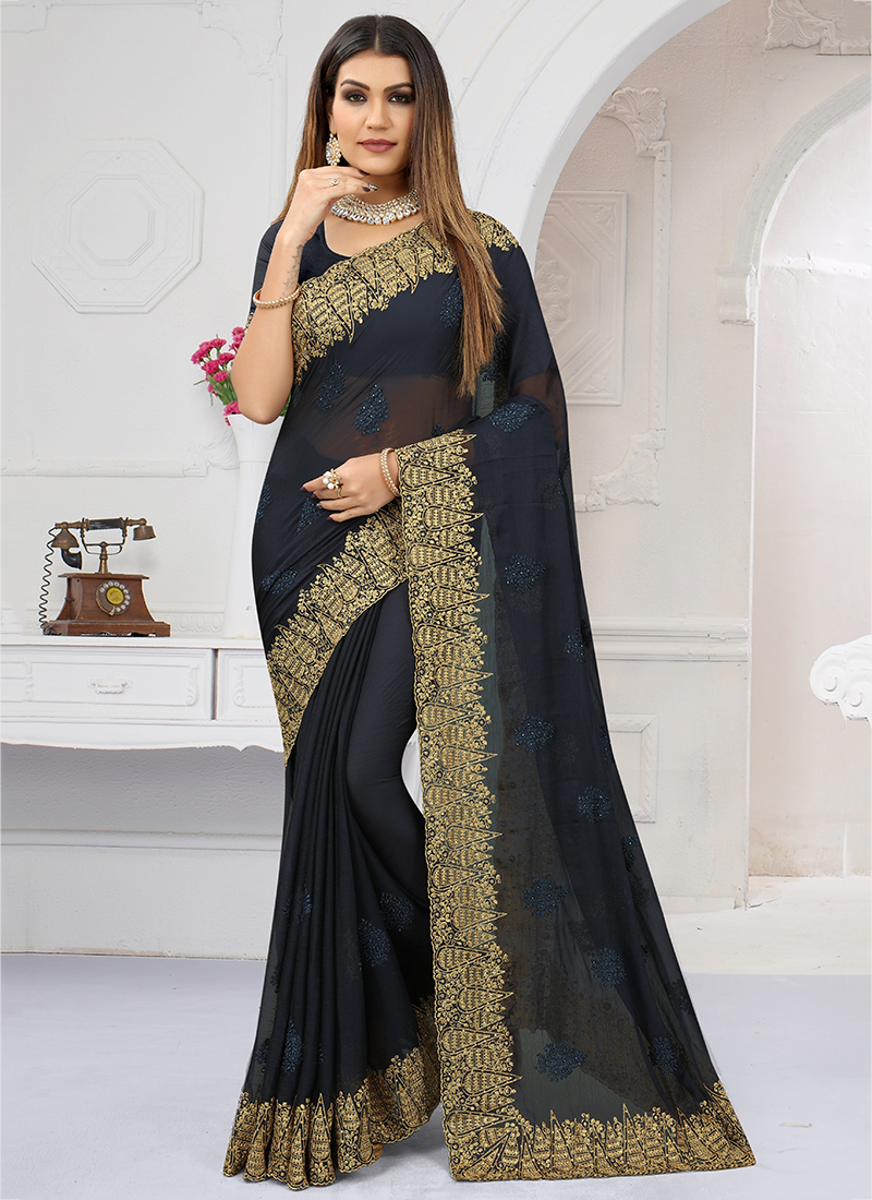 Banarasi chiffon saree dark mustard with allover chikankari work and s –  Cherrypick