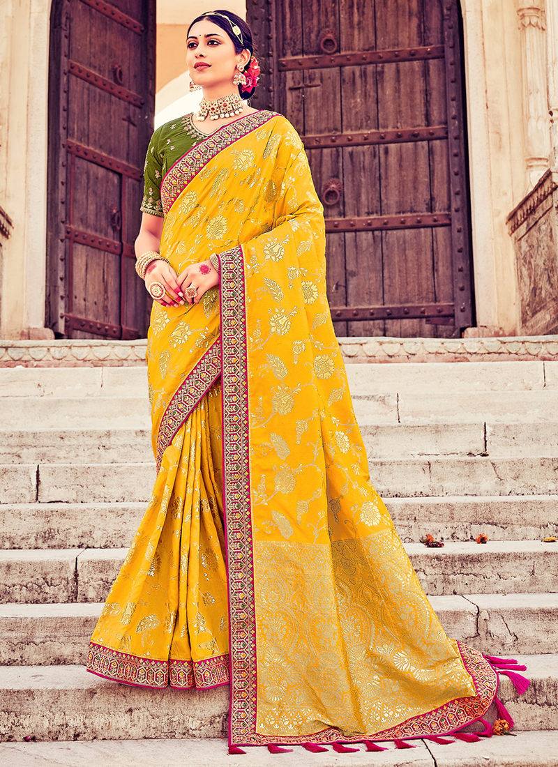 Buy Party Wear Yellow Weaving Work Dola Silk Saree Online From ...