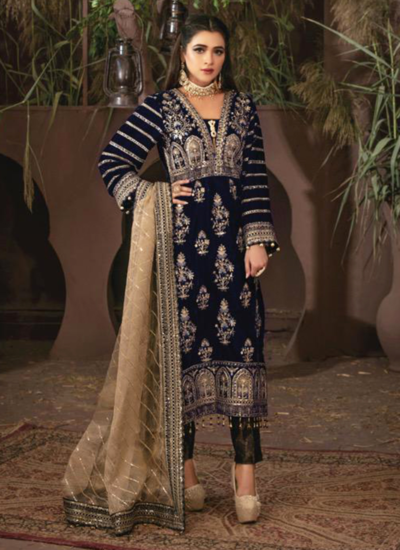 navy blue velvet pakistani dress