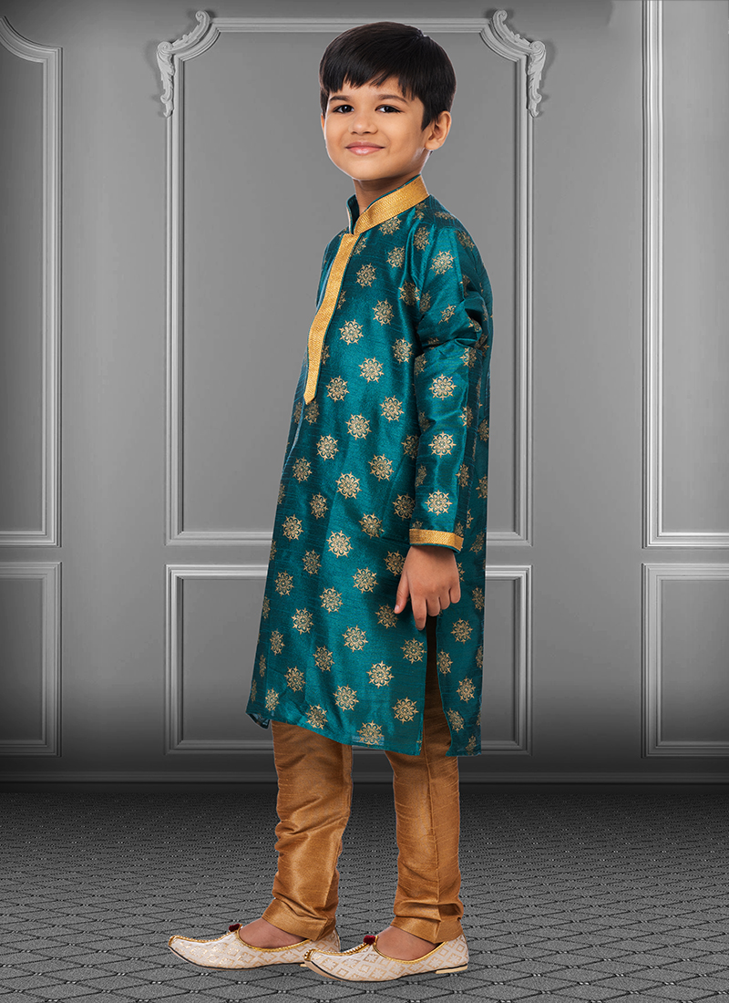 Rama Blue Kurta Pajama Printed Dhupion Silk