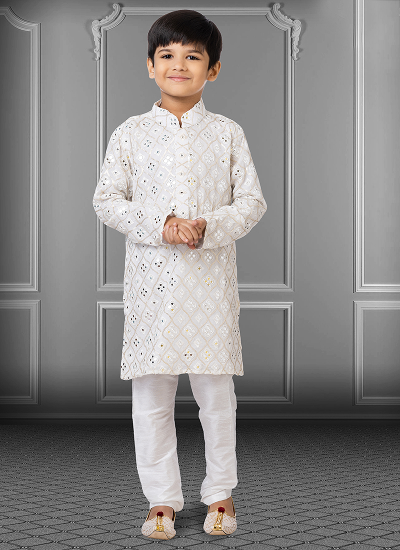 White Jamdani Cotton Traditional Kids Kurta main image 1