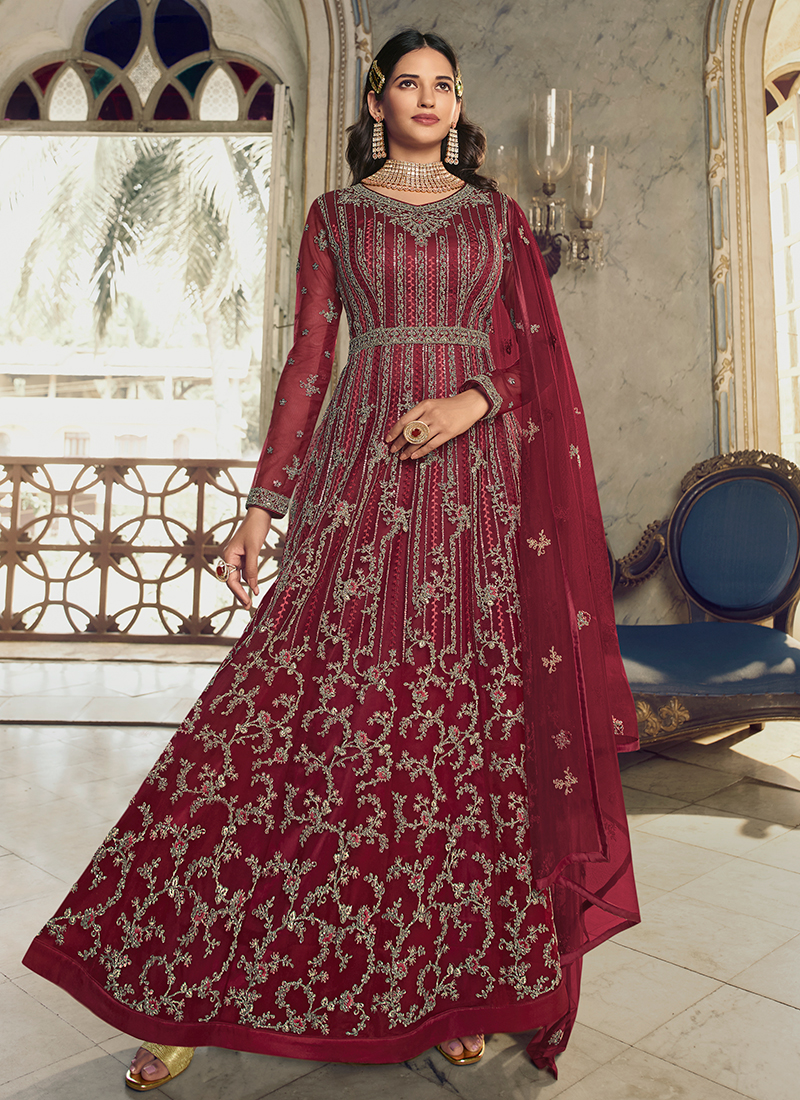 Embroidered Anarkali Suit in Maroon Faux georgette  AS3355