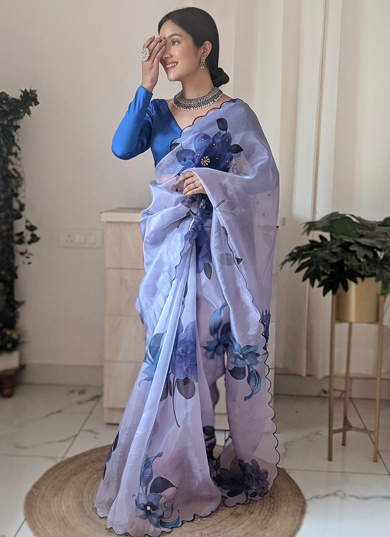 Buy Floral Chikankari Worked Light Blue pure organza saree - dress kurti  and saree wholesale available