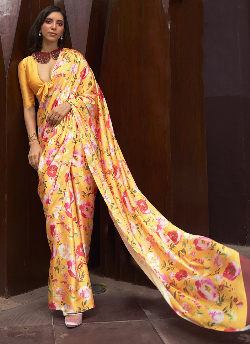 Buy Off White Satin Saree in Patola Print