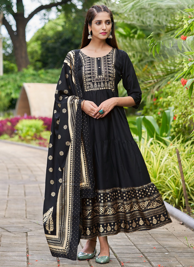 Women Black Anarkali Long Gown With Printed Dupatta Set  Noeera