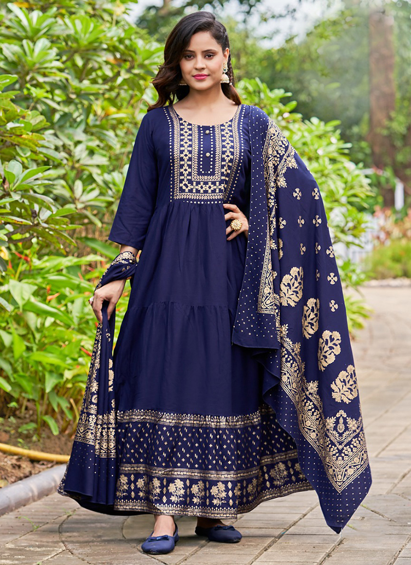 Buy Party Wear Navy Blue Foil Printed Rayon Gown With Dupatta Online From  Surat Wholesale Shop.