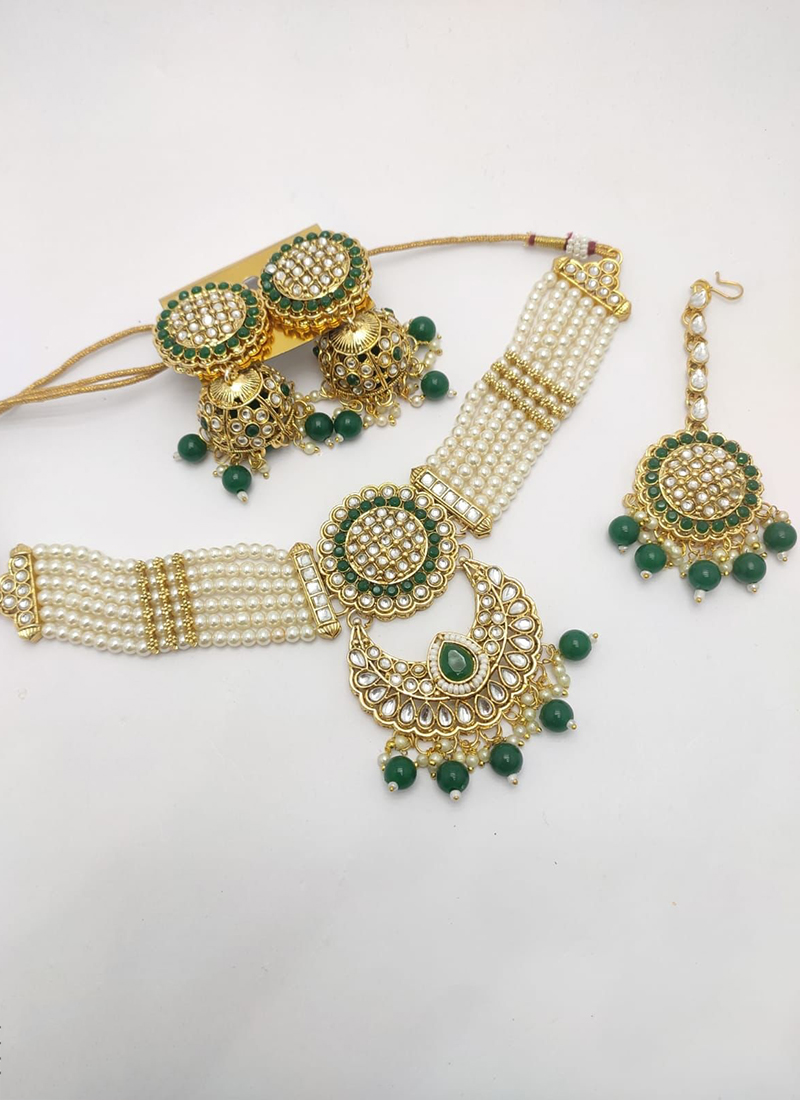 Buy Buy Now Green Kundan And Pearls Adjustable Choket Set Online From ...