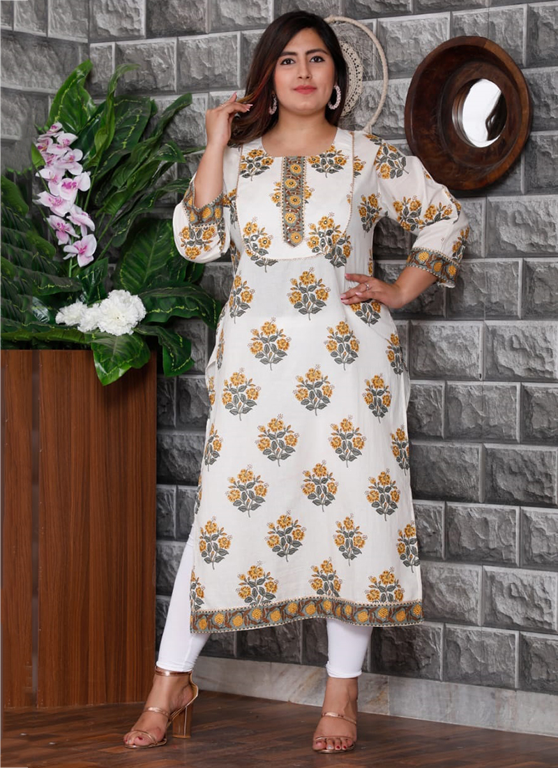 Indian Women Off White & Pink Floral Printed Pure Cotton Kurta Kurti New  Dress | eBay