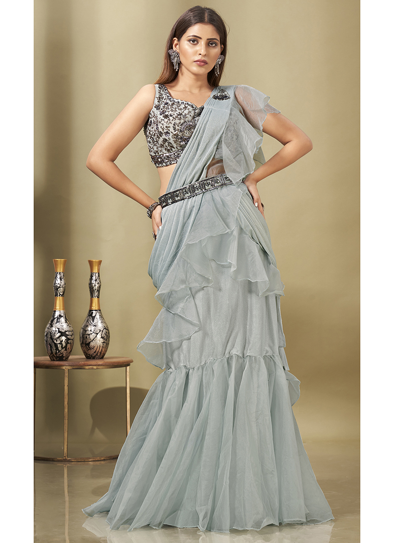 Ready To Wear Purple Taupe Shimmer Lycra Saree – Berly Cloth