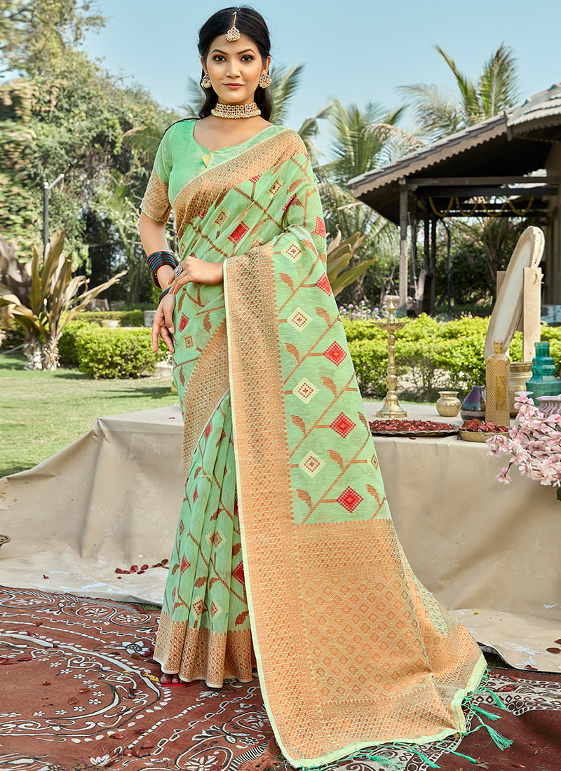 Buy Casual Wear Pista Green Weaving Cotton Saree Online From Surat  Wholesale Shop.