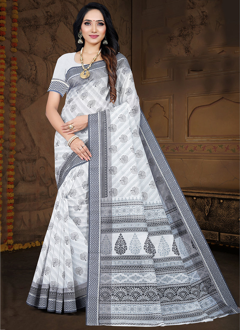 Buy Okhai Bagru Sanganeri Blossom Block Printed White Kota Cotton Saree  Online – Okhaistore