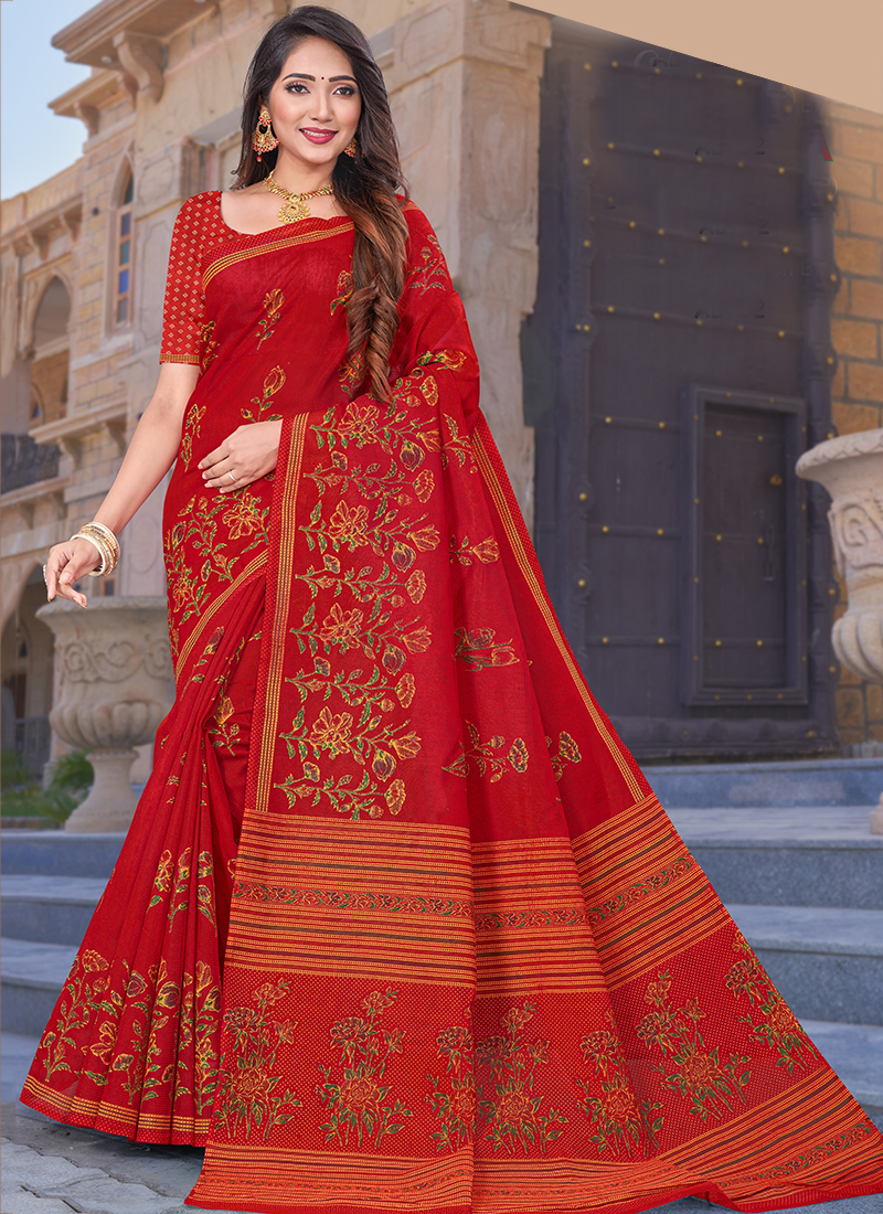 Bright red silk saree | Cotton saree designs, Half saree designs, Saree  styles