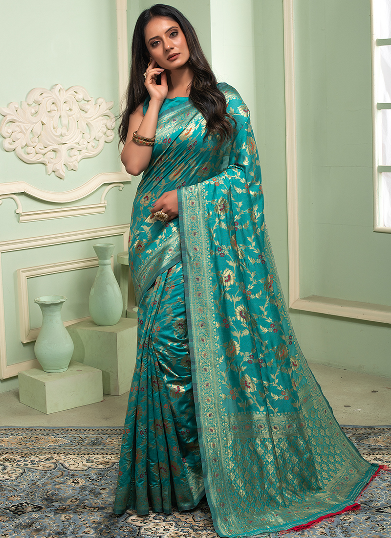 Beautiful Firozi color embroidered georgette wedding saree With embroidered  work Blouse - GLORY SAREES - 1331586 | Saree designs, Designer sarees  online, Fashion