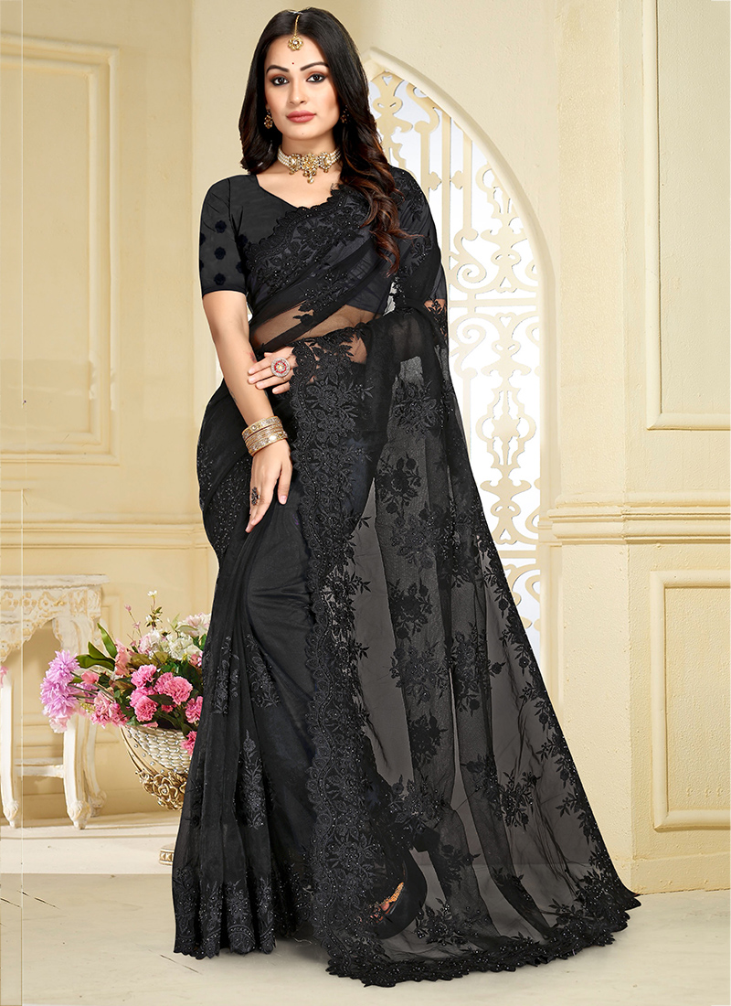 Black Organza Digital Silk Sequin Saree – TrendOye