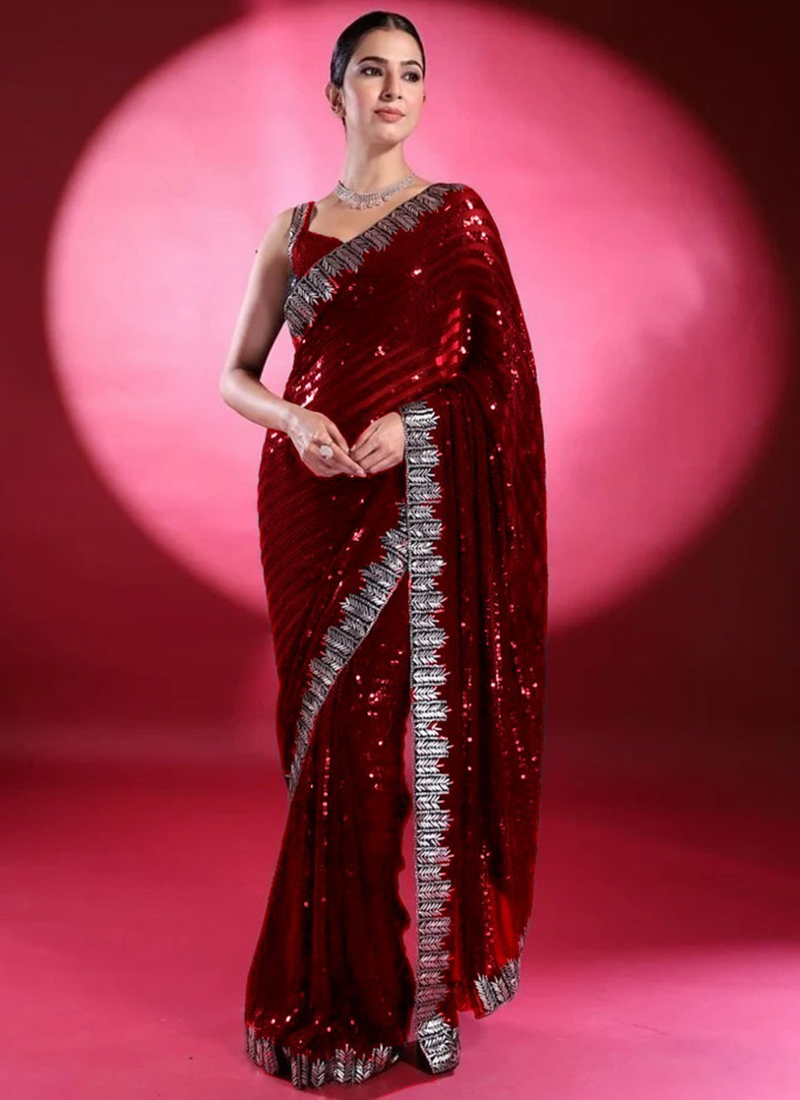 Buy Maroon Sequin Work Rangoli Crush Saree Online