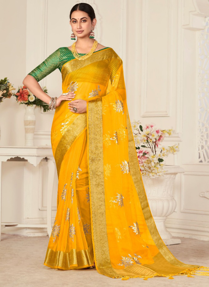 Party Wear, Traditional Yellow color Banarasi Silk fabric Saree : 1892056