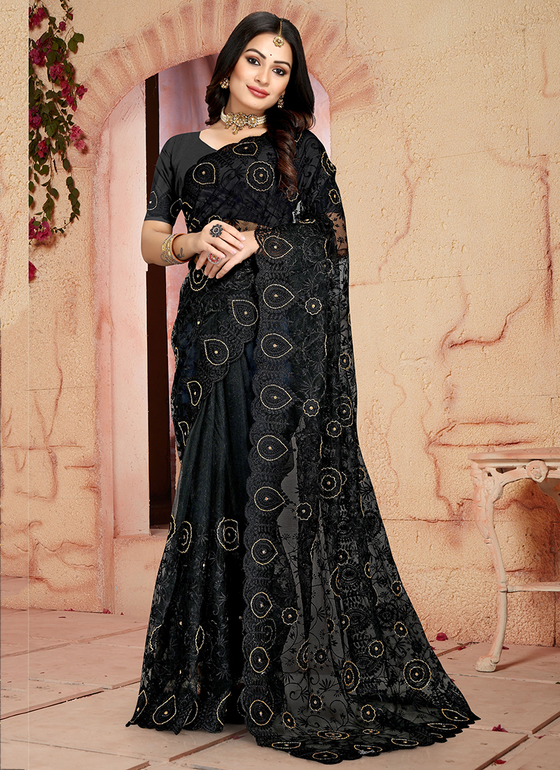 Black net saree party sales wear