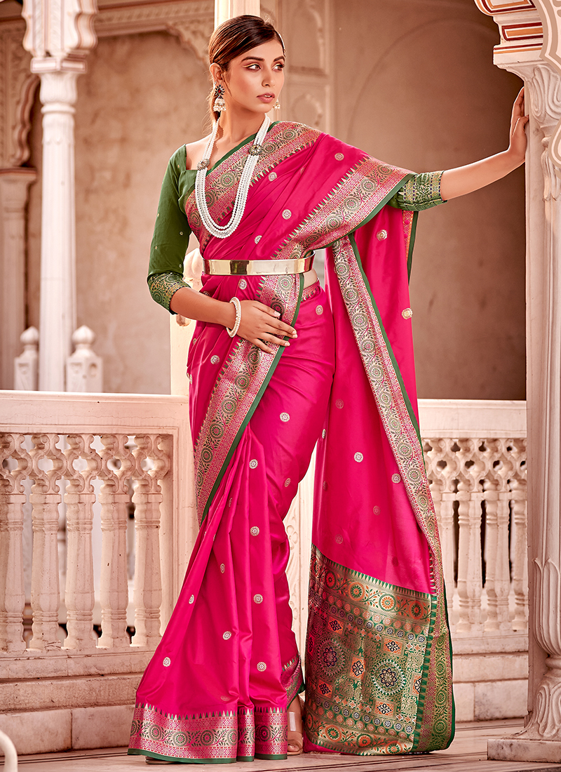 Buy Woven Work Rani Pink Color Banarasi Silk Saree Festive Wear Online at  Best Price | Cbazaar