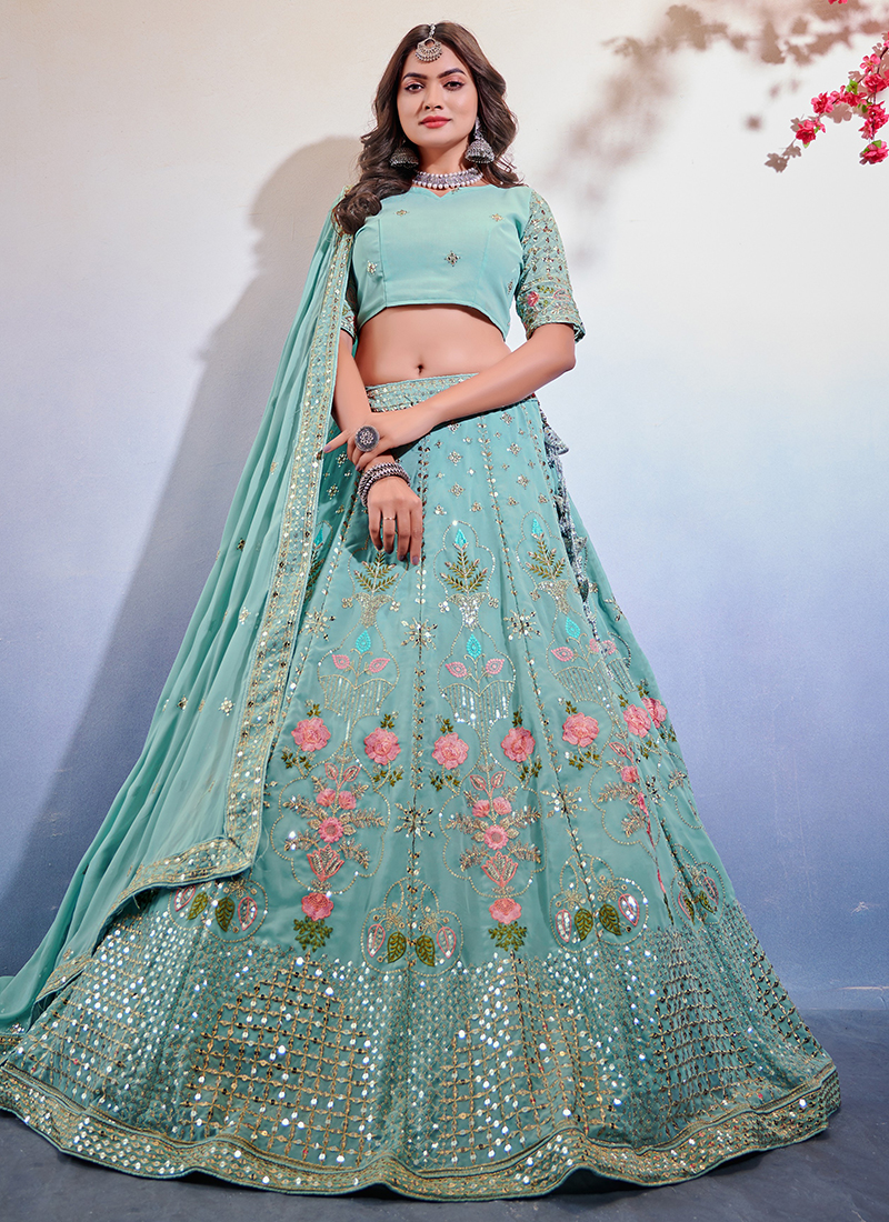 Sky Blue and White Floral Printed Lehenga | Lashkaraa